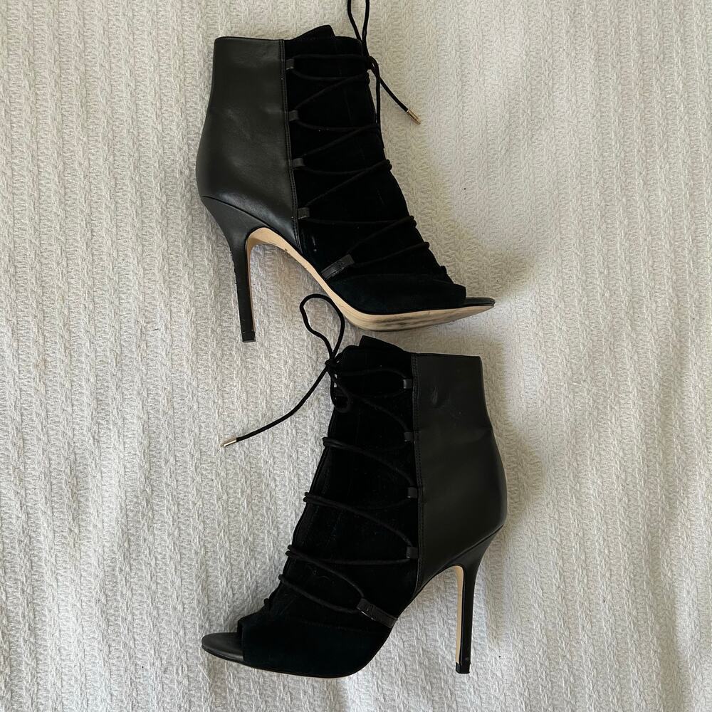 Sam Edelman Women Leather Bootie Shoes Stiletto 4” Heel Black Open Toe Size 7.5” - Picture 2 of 8